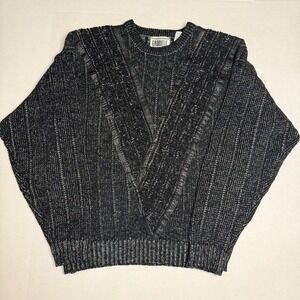VTG Gabrielle Black Chunky Textured Knit Leather Trim Sweater Men's XL Dad